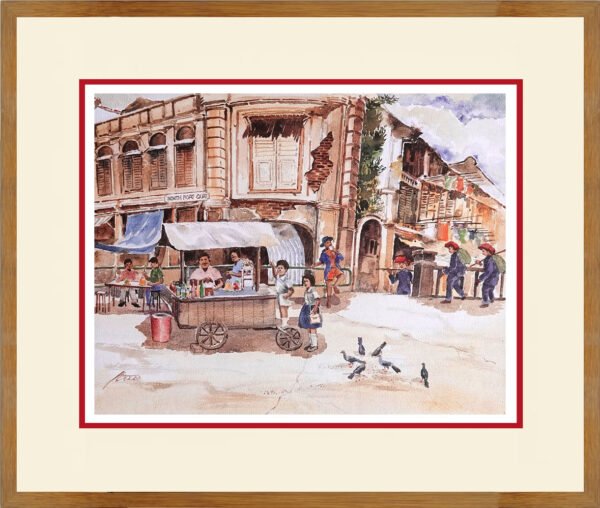 watercolour painting North boat quay street hawker early singapore by ching hing kang